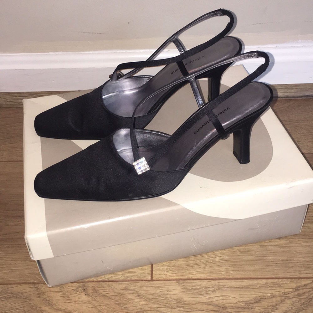 Black satin sling back 2 inch heel